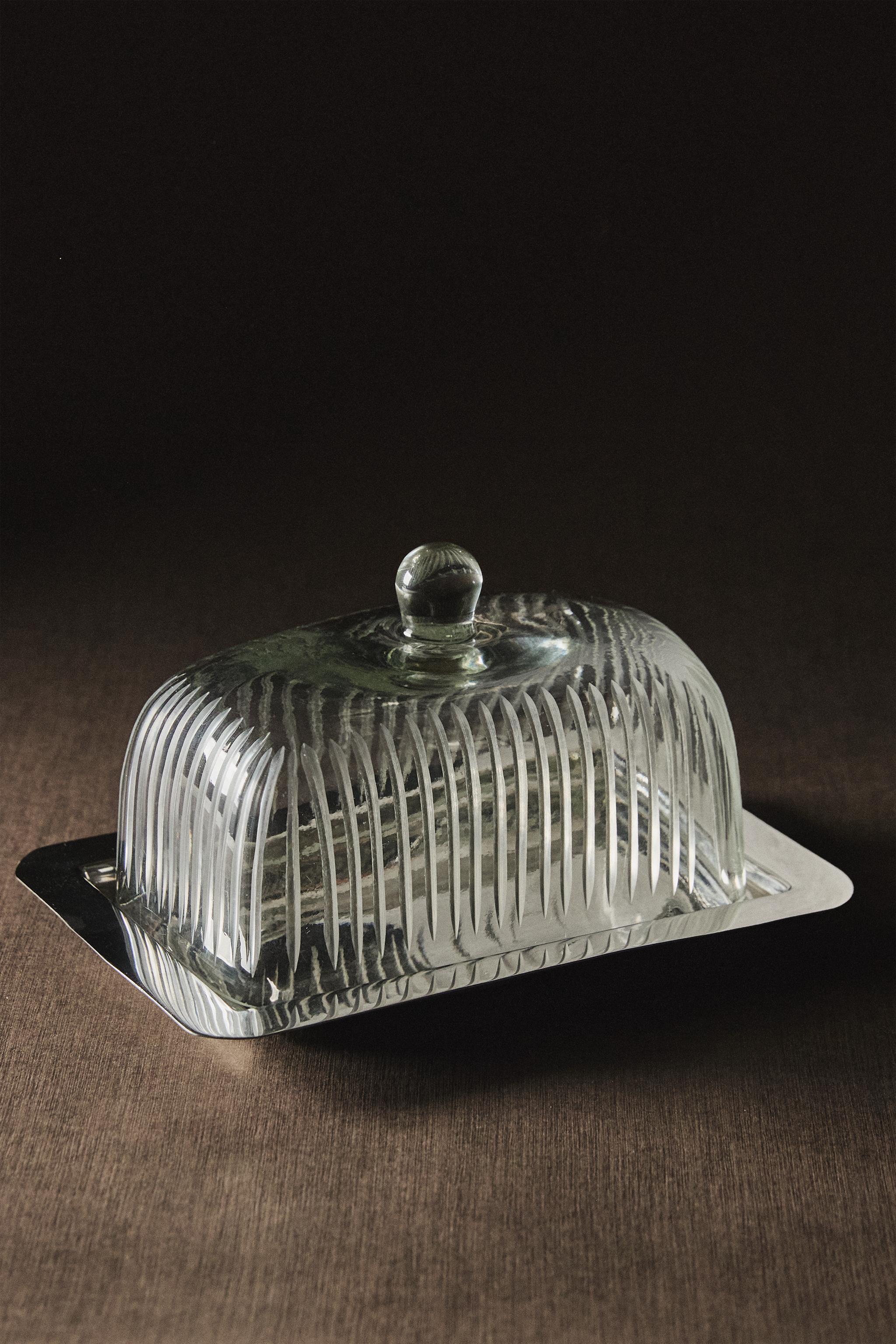 GLASS BUTTER DISH WITH METAL BASE